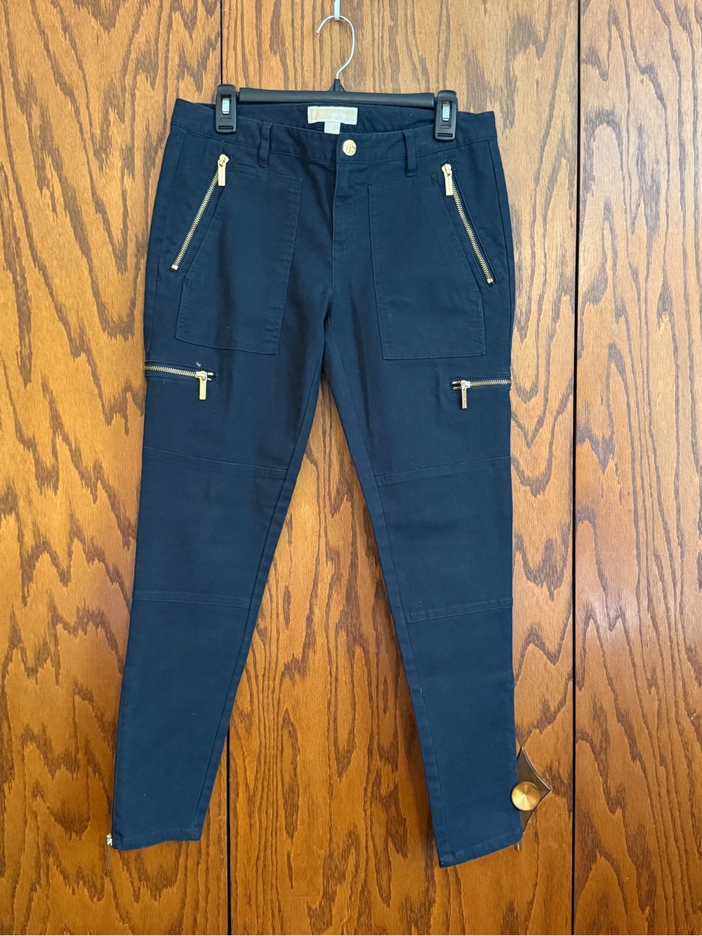 Michael Michael Kors Navy Blue Zip Moto Skinny Pants Women Size 8 Gold Hardware